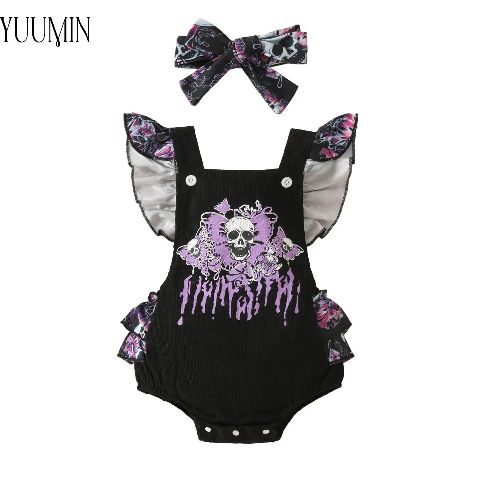 

Newborn Baby Girl Halloween Ghost Cosplay Dance Outfit Flying Sleeve Ruffle One Piece Romper Skeleton Print Dress with Headband