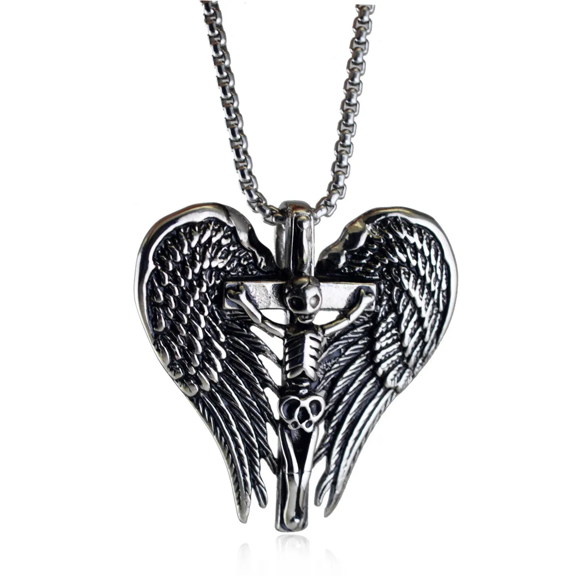 Retro Skull Demon Wings Cross Pendant Necklace Men's Fashion Punk Trend Exorcism Lucky Jewelry