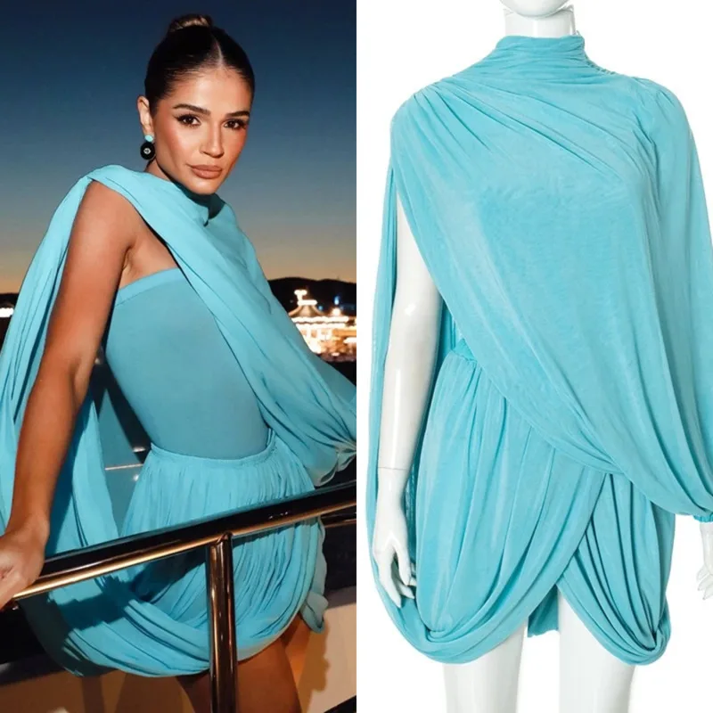 

Elegant Pleated High-end Strapless Half Skirt 2piece Set Solid Color Long Sleeved Shawl Top Fashion Women Seaside Vacation Dress