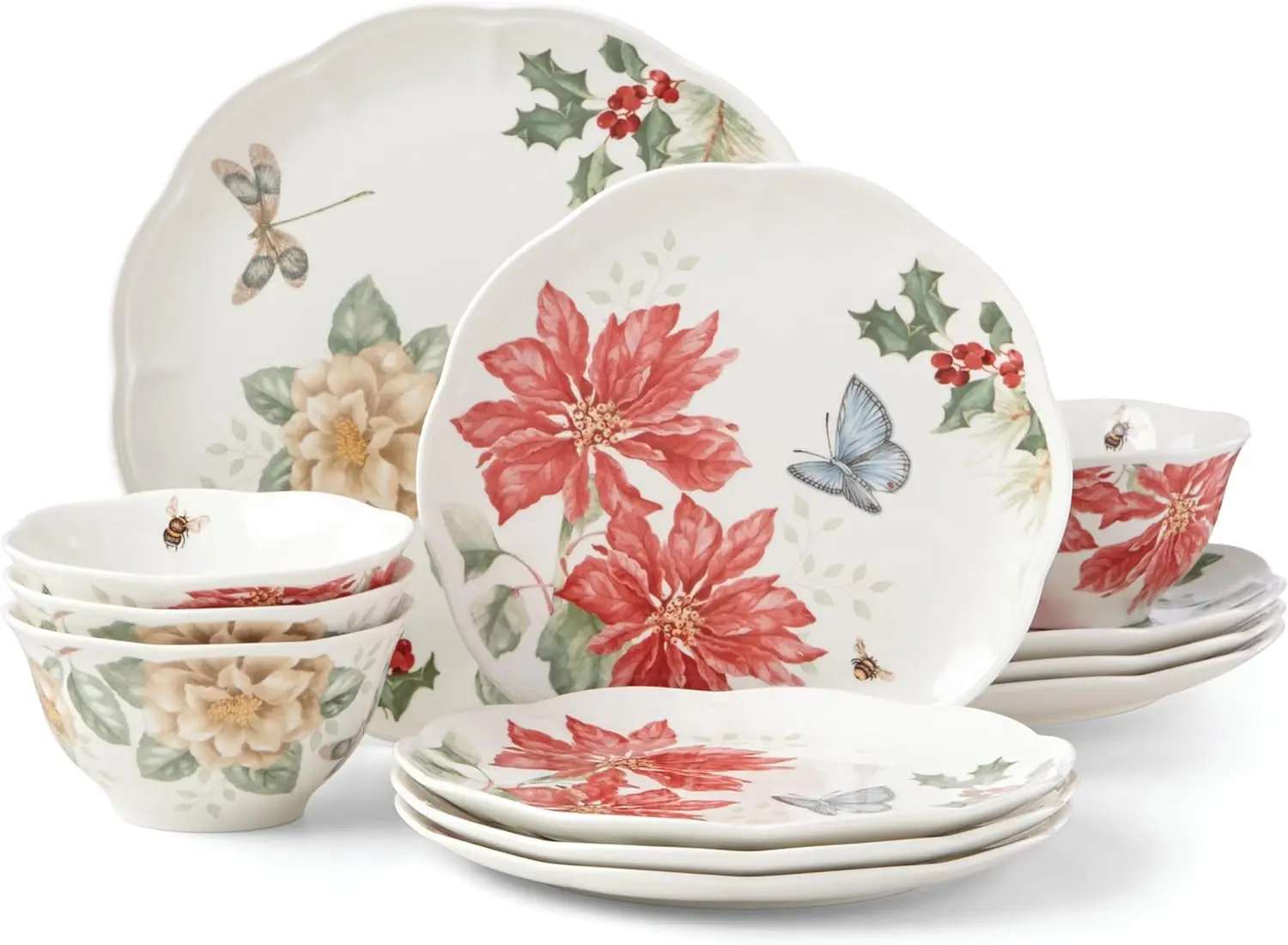 Lenox Butterfly Meadow Holiday 12-Piece Dinnerware Set, 16.60 LB, Red & Green