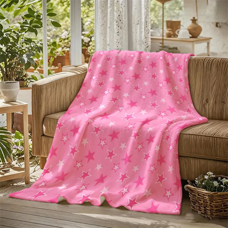 Pink Star Print Flannel Blanket Warm Soft Halloween Christmas Decorative Couch Warm Cozy All-Season Gift