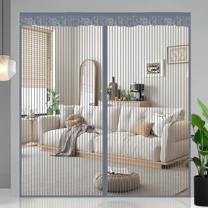 Summer mosquito curtain, gray striped magnetic door screen, pet friendly design, insect proof, suitable for families
