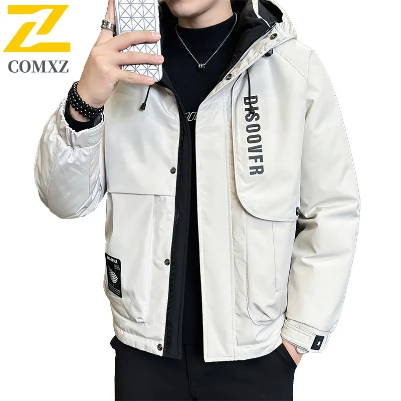 

COMXZ 2025 Workwear Style Hooded Down Jacket Outdoor Windproof Warm Trendy Coat Casual Winter Sports Fashion Outerwear