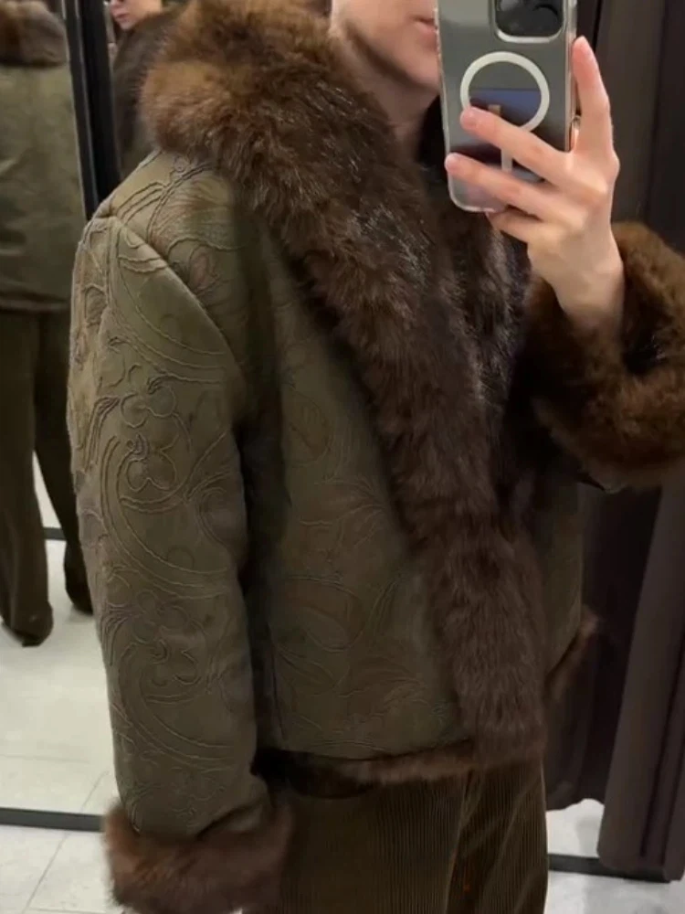 

Winter Warm Lapel Faux Fur Short Jacket Women Print Long Sleeve Single-breasted Thick Coat Lady Chic High Street Outerwear