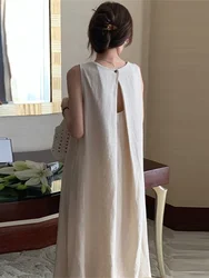 Elegant Summer Hollow out Vest Dress Women's Sleeveless Loose Long Dress Korean Style round Neck A-Line Midi Dress