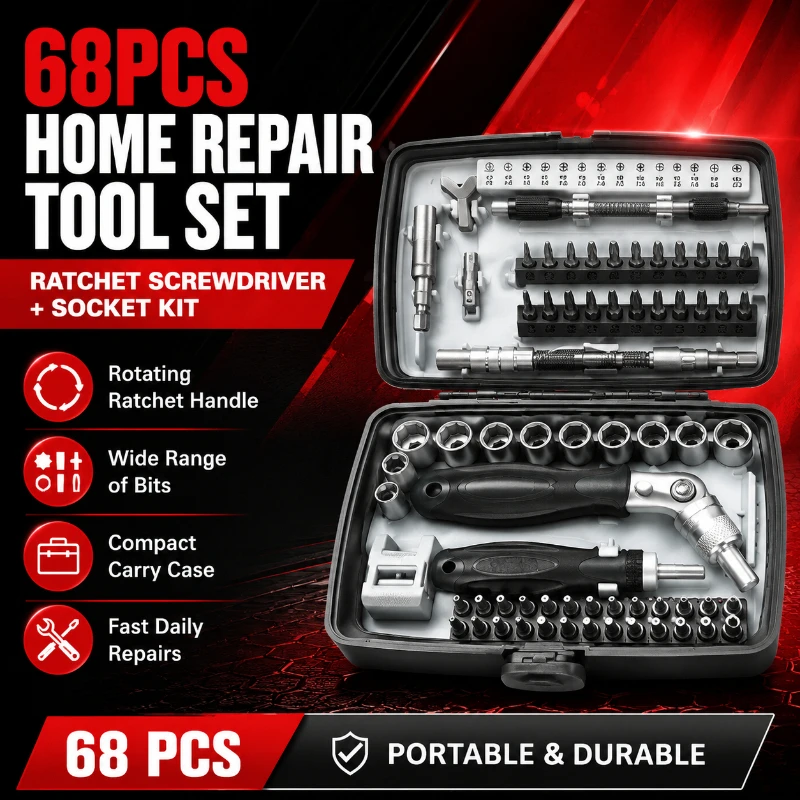 

68-in-1 Multifunctional Screwdriver Kit Rotatable Ratchet Wrench Tool Set for Household & Equipment Repair