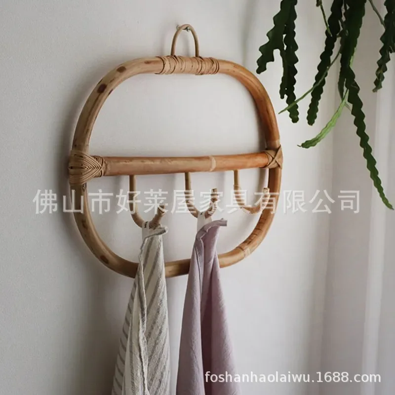 Nordic Simple Rattan Wall Hook Rack Handmade Indonesian Rattan Decorative Towel Hanger for Home Room Decoration Ins Style