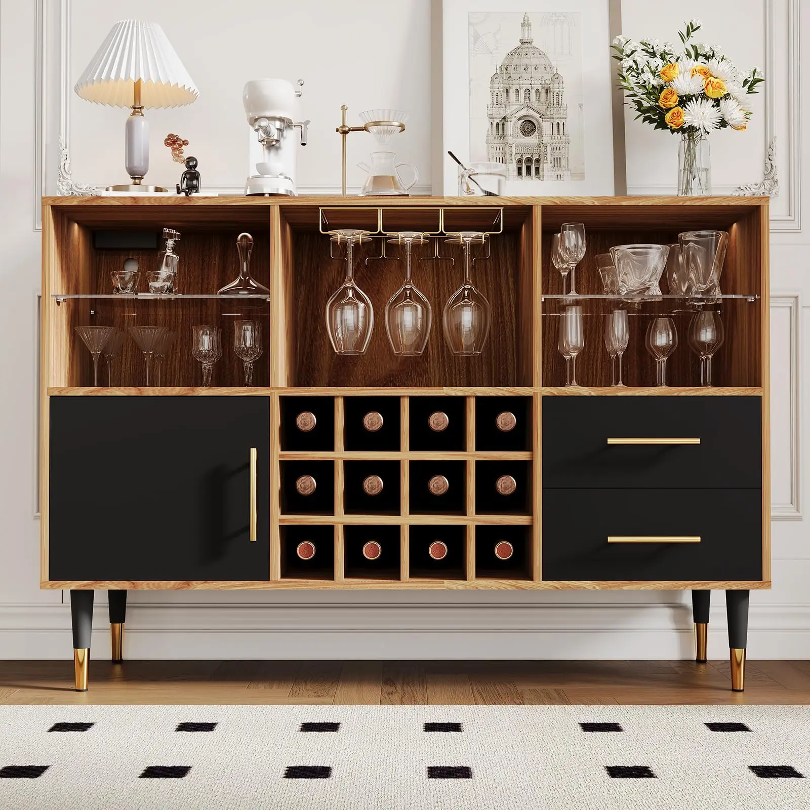 

Modern 47 Inch Wood And Black Bar Cabinet With LED Lighting, Wine Rack, Storage Drawers, And Open Shelving For Living Or Dining