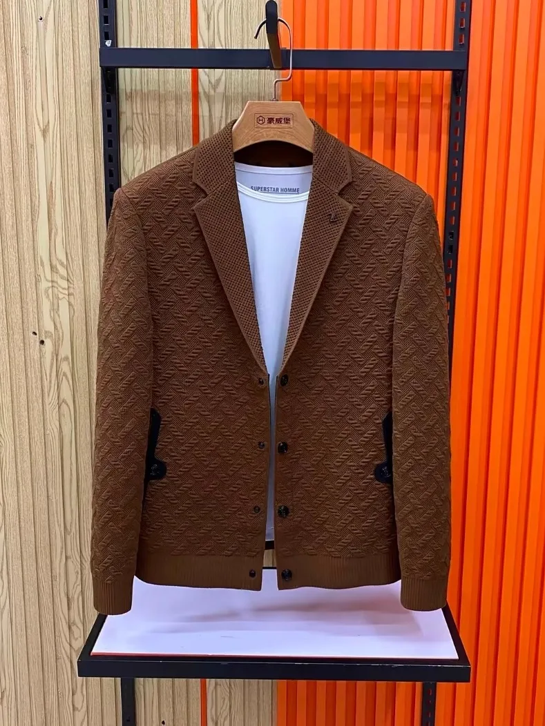 

Высококачественный вязаный мужской костюм-пиджак: осенний, повседневный, модный, универсальный, деловой, элегантный, приталенный, с длинным рукавом