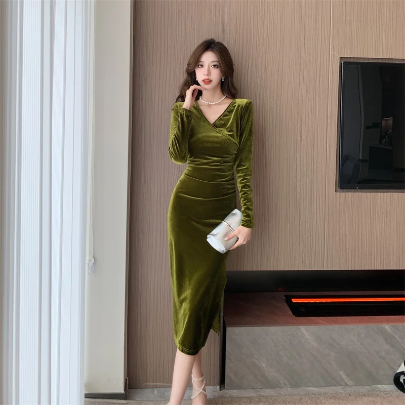 Vestito Lungo Elegante Abito In Velluto Donna Scollo A V Vestito