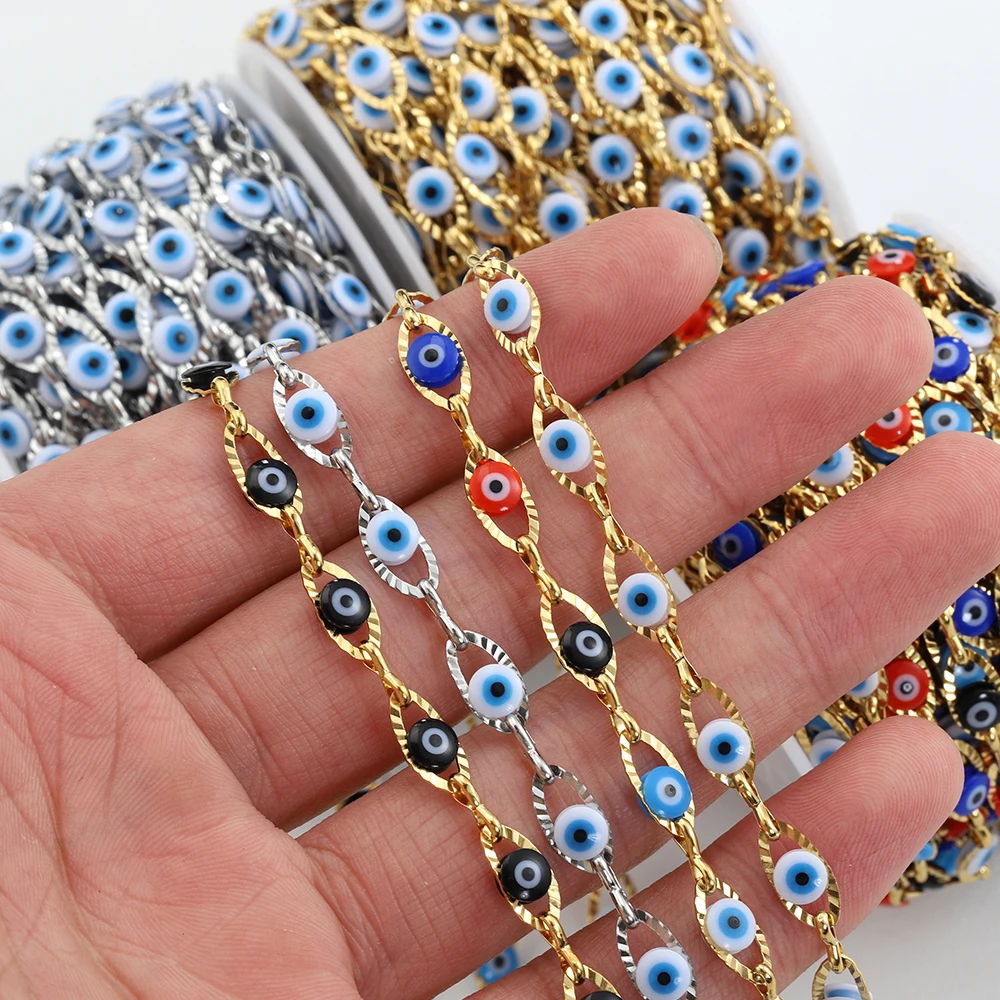 1Meter/lot Stainless Steel Evil Eye Chains Turkey Eye Charm Beaded Chains for Bracelet Necklace Sweater Chain Jewelry Making DIY