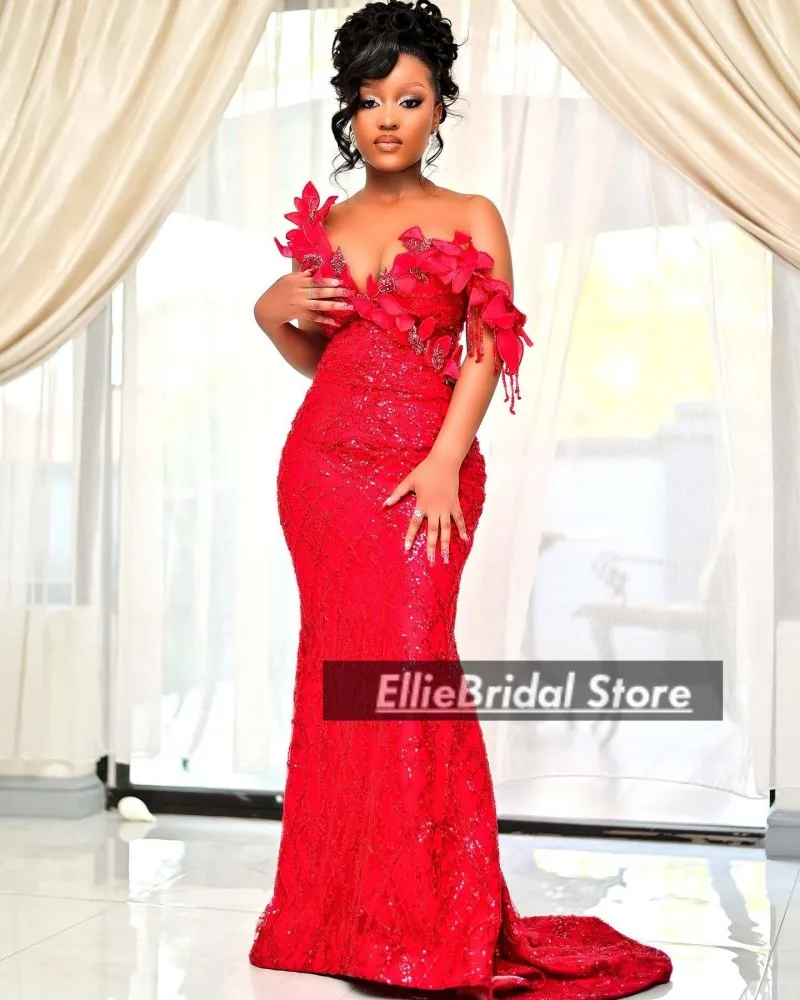 반짝 이는 레드 댄스 파티 드레스 럭셔리 절묘한 구슬 장식 웨딩 파티 드레스 Aso Ebi 아프리카 이브닝 가운 맞춤형