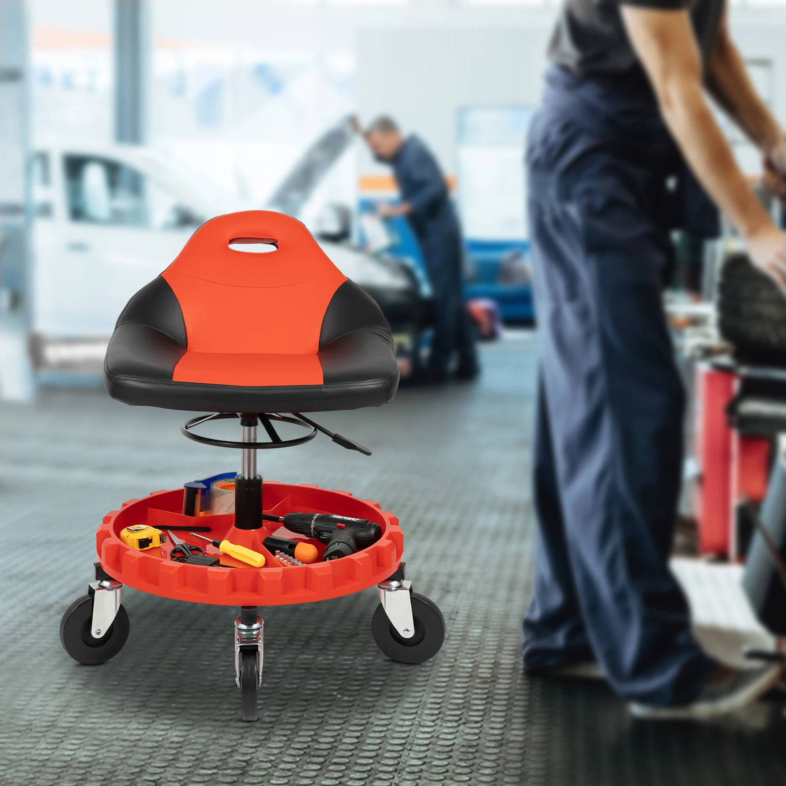 

Red Black 220 LBS Rolling Garage Stool Tool Bench Adjustable Height Mobile Rolling Gear Seat For DIY Work Mechanical Repair