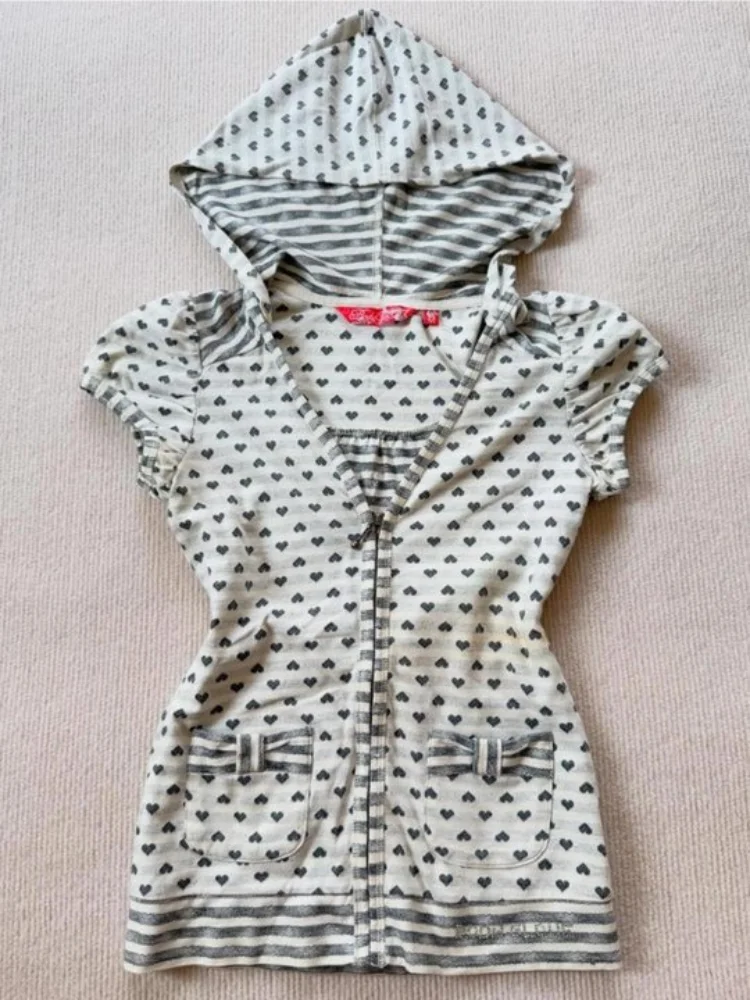 Japanese Sweet Love Wave Dot Printed Hoodie Women's T-shirt Y2K Retro Striped Bubble Sleeve Women's Trendy Top