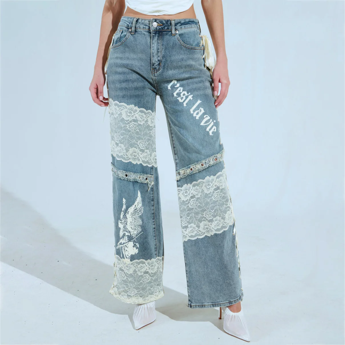 

Streetwear Vintage Lace Jeans for Women Y2k Fashion High Waist Loose Wide Leg Pant Side Slits Lace Up 2025 New Casual Jeans