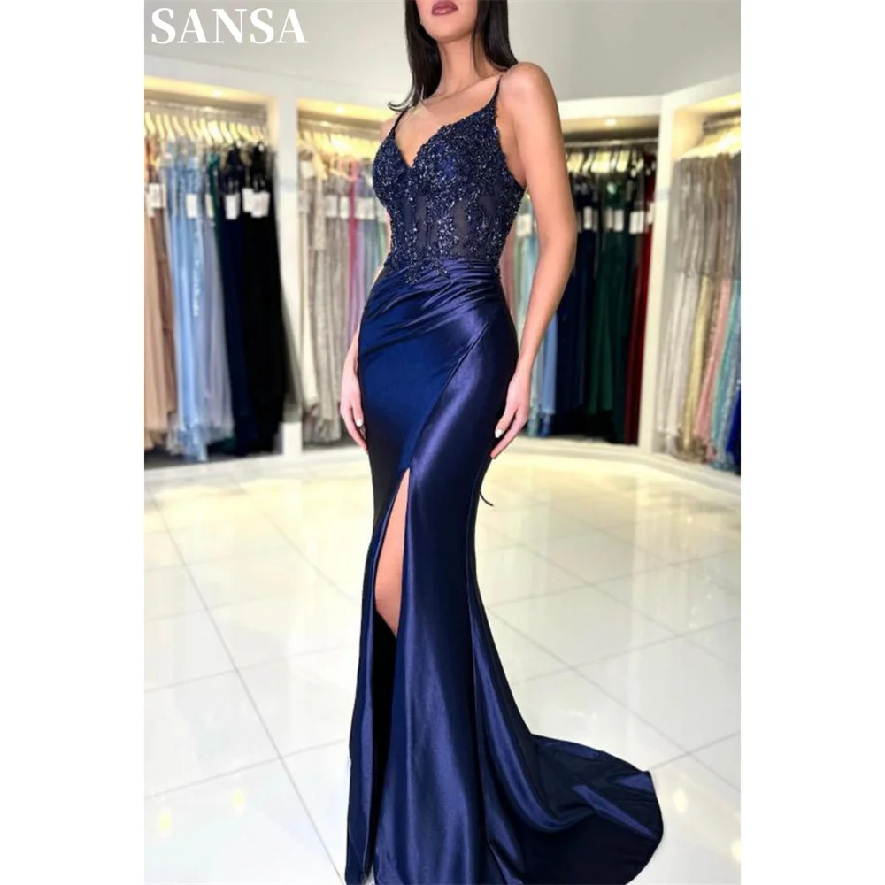 Sansa Elegant Navy Blue A-line Satin Evening Dress Floor-Length Wedding Dresses Glitter Spaghetti Strap vestidos de fiesta 2024