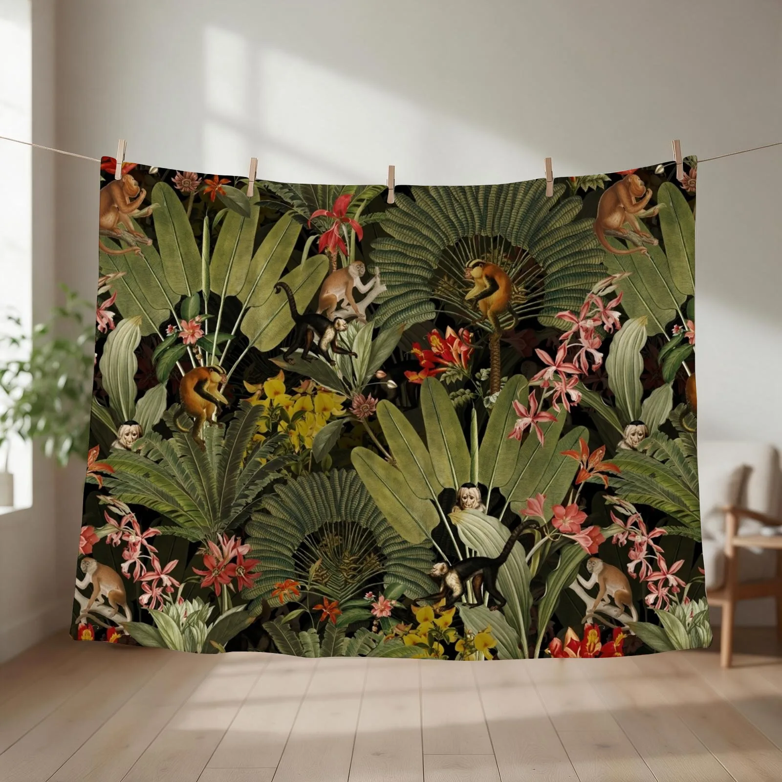 Tropical Exotic Vintage Midnight Jungle Monkeys Night Garden Throw Blanket couch cozy soft plush fuzzy picnic outdoor blanket