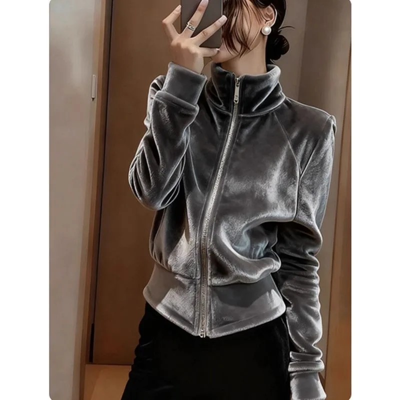 

Blouse Outerwear Women's Autumn/Winter Grey Velvet Elegant Stylish New Casual Comfortable Niche Versatile Luxurious Distinctive