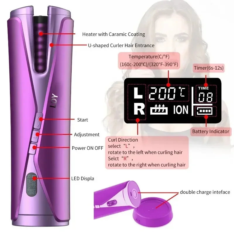 Portable Automatic Hair Curler Multiple Adjustable Temperatures Wireless Connection Multifunctional Rechargeable Curling Iron