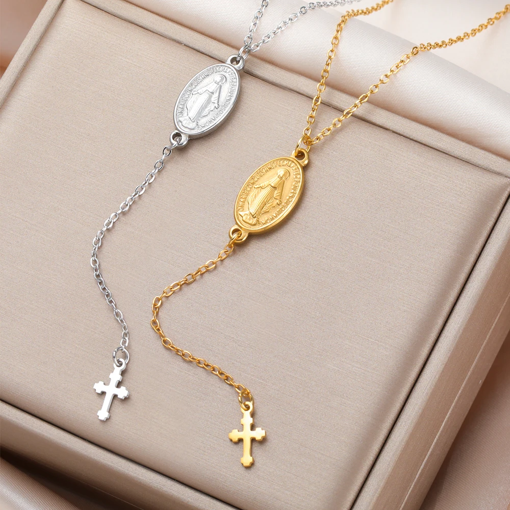 داوابارا مريم العذراء الصليب قلادة الصلاة الدينية نعمة المعمودية الكاثوليكية هدايا عيد الميلاد مجوهرات من صلب لا يصدأ