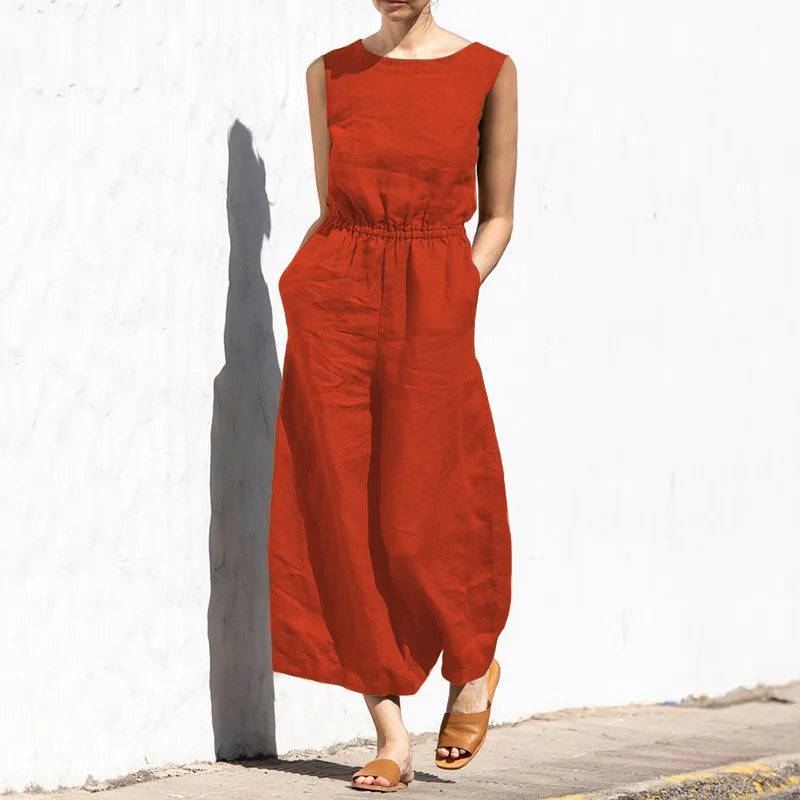 

Fashion Solid Sleeveless Jumpsuit Elegant Office Lady Buttoned Elastic Waist Wide Leg Jumpsuits 2024 Summer New Women Clothing