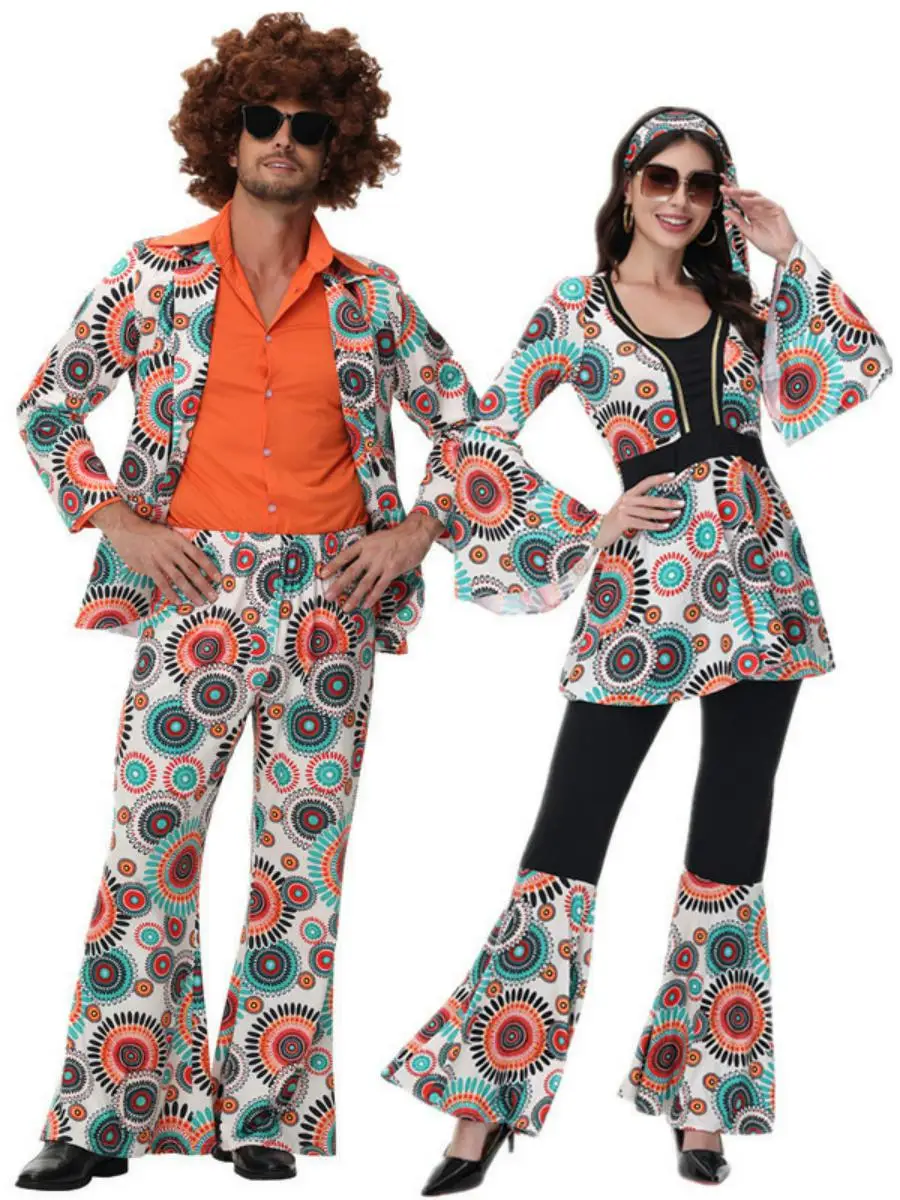 

Костюм для пары в стиле ретро-диско с принтом 70-х годов, для вечеринки в стиле хиппи, традиционный китайский этнический наряд для женщин, для празднования Хэллоуина