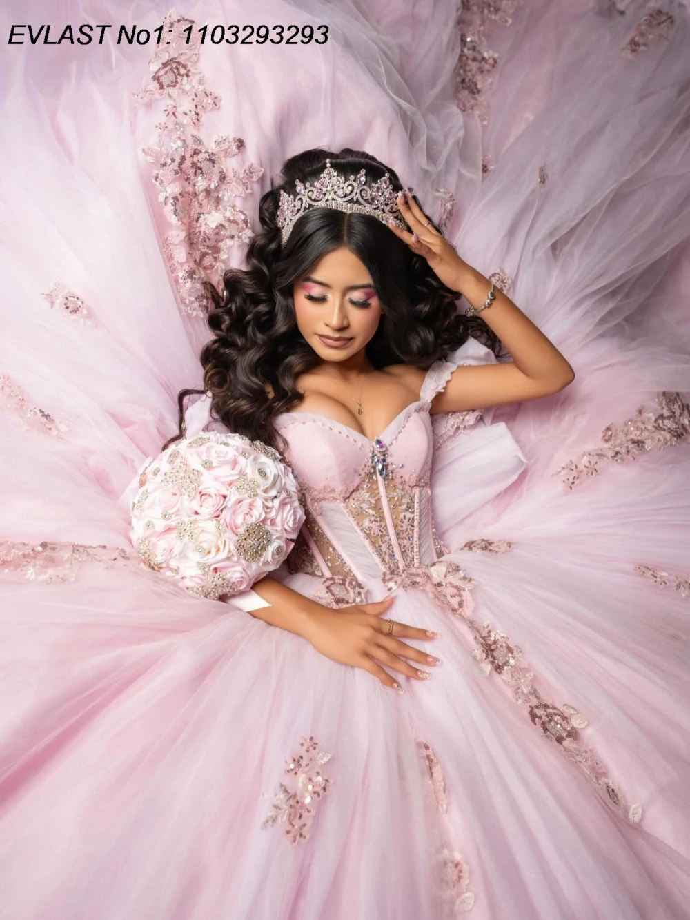 EVLAST Customized Shiny Pink Quinceanera Dress Ball Gown Lace Applique Beading Ruffles Corset Party Sweet 16 Dress 15 Años AQ434