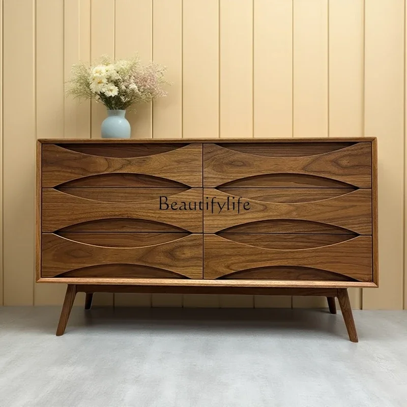 

04Medieval solid wood six-chest cabinet, living room, bedroom, walnut-colored storage side cabinet