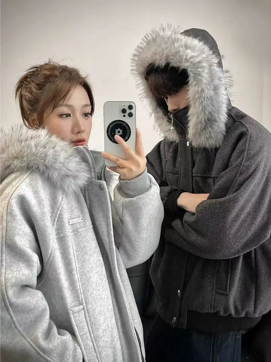 

American Retro Thiened Woolen Jaet with Large Fur Collar Inner Fce Cotton Coat Warm Outerwear for Autumn And Winter