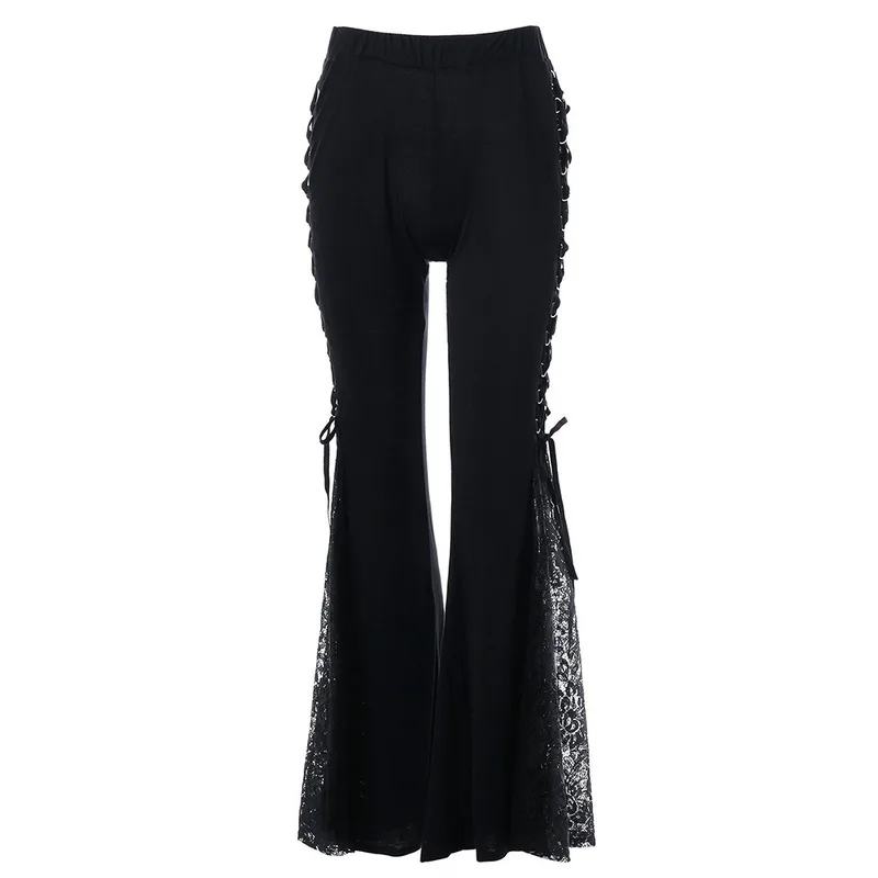 

Bandage Side See Through Europe Style Casual Bell Bottoms Women Gothic Flare Pants Lace Up Patchwork Slim Trousers