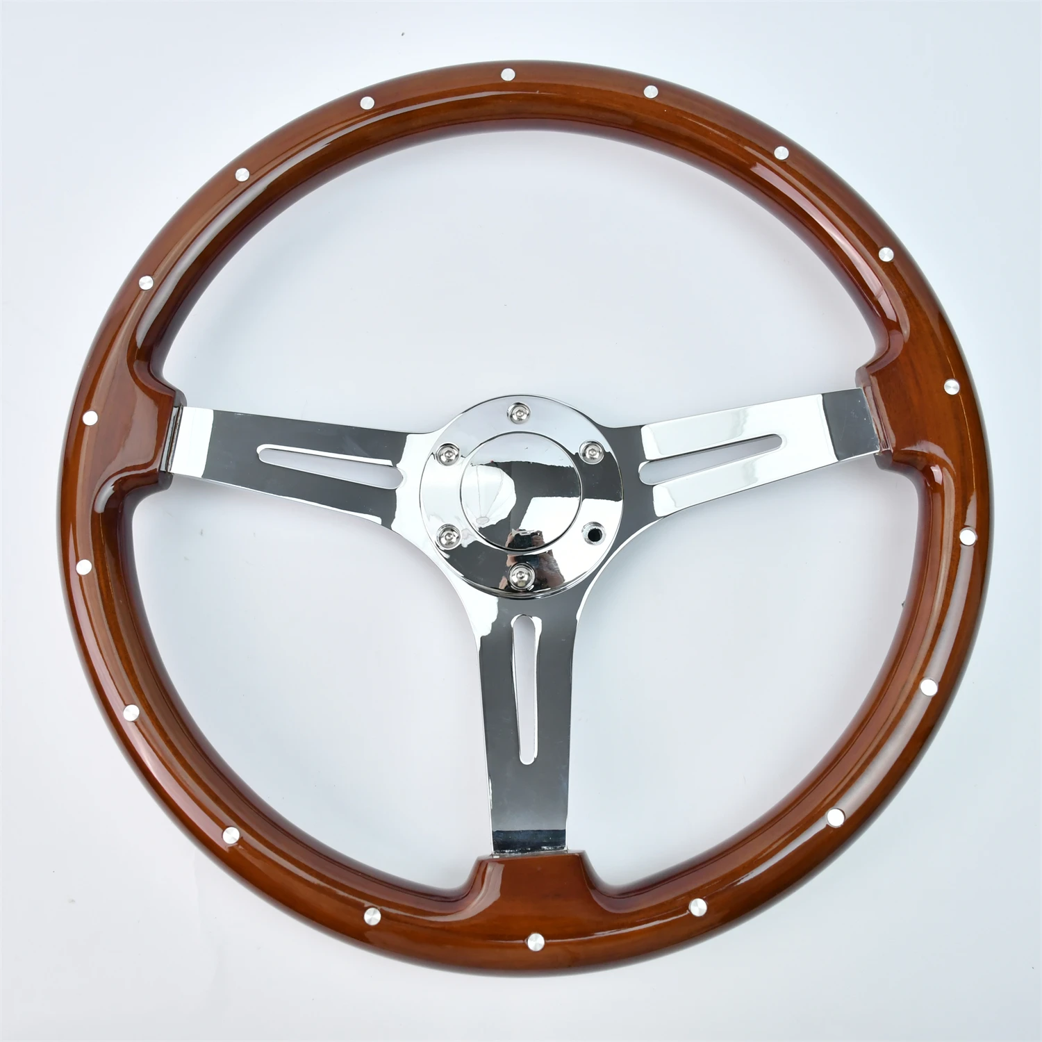 Real Wood Steering Wheel 380mm Universal For Volkswagen Mercedes Wooden Steering Wheel 15inch Long Hole Silver Chrome Iron Spoke