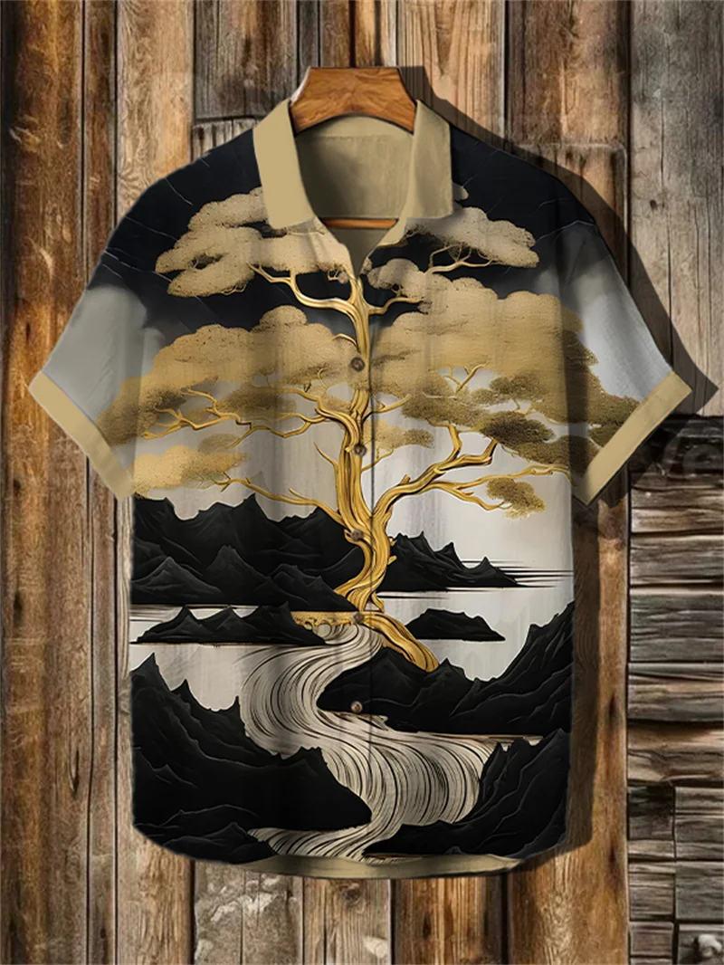 Men's linen 3D guitar instrument printed short sleeved shirt Hawaii vacation casual fashion beach style shirt