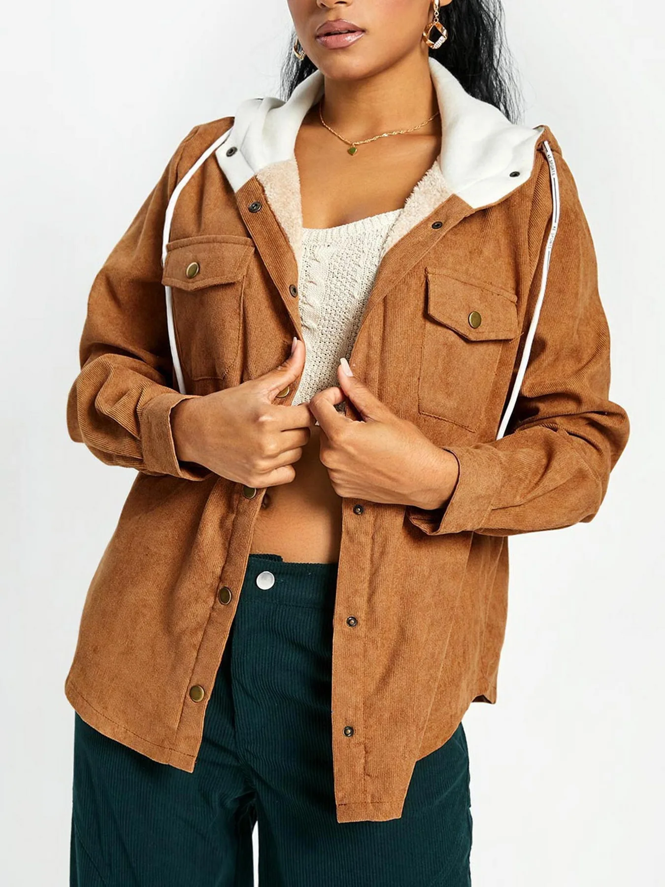 

ZAFUL Women Corduroy Hooded Fleece Lining Jacket Plain Cryptidcore Faux Fur Coat Granola 2024 new on offer clearance free ship