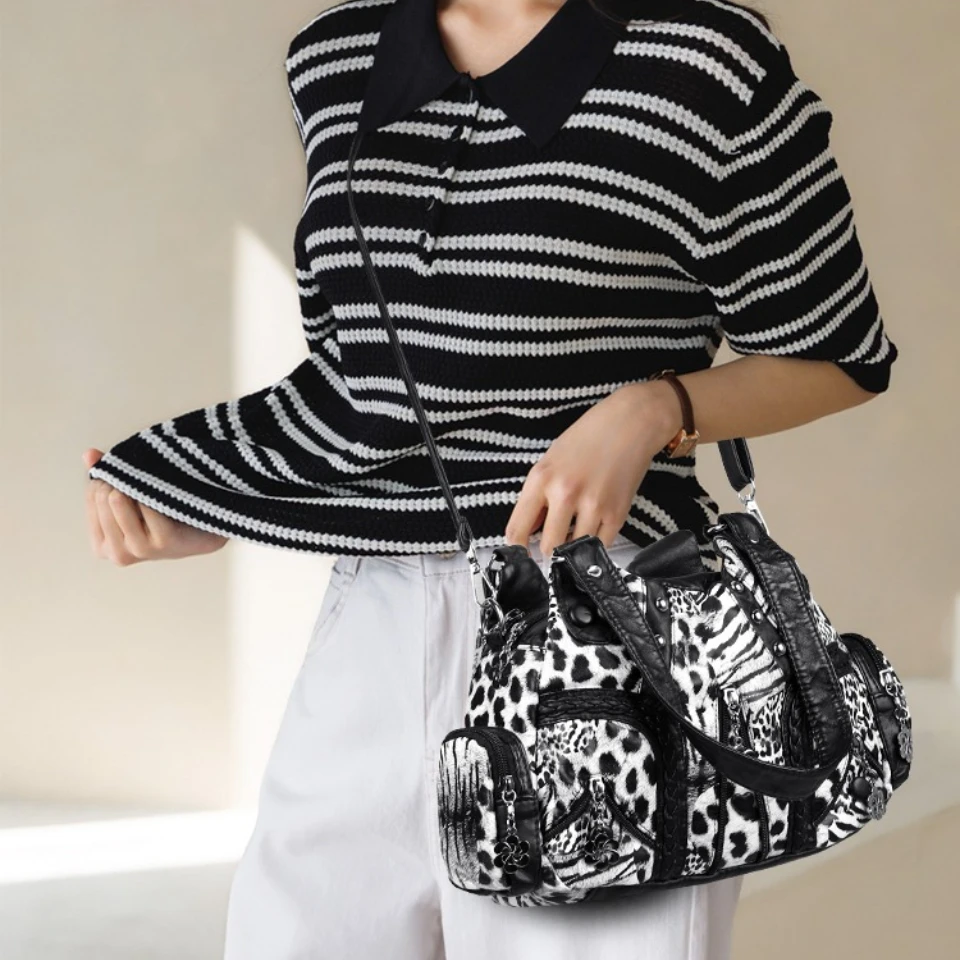 Women Retro Hobo Handbag Designer Leopard Zebra Print Shoulder Bag Soft Leather Multi-pocket Commute Casual Daily Crossbody Bag