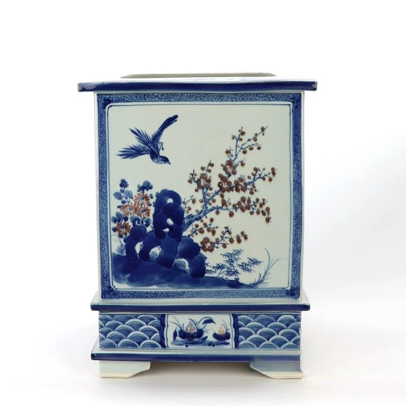 Jingdezhen ceramic antique flower pot, hand-painted blue and white landscape flowers and birds square-shaped plant pot