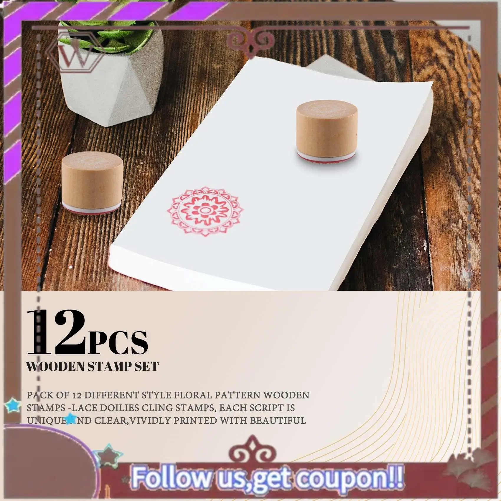 ABBG-12Pcs Wooden Stamps Floral Pattern Circles And Squares Decorative Rubber Wooden For DIY Craft Card And Scrapbooking