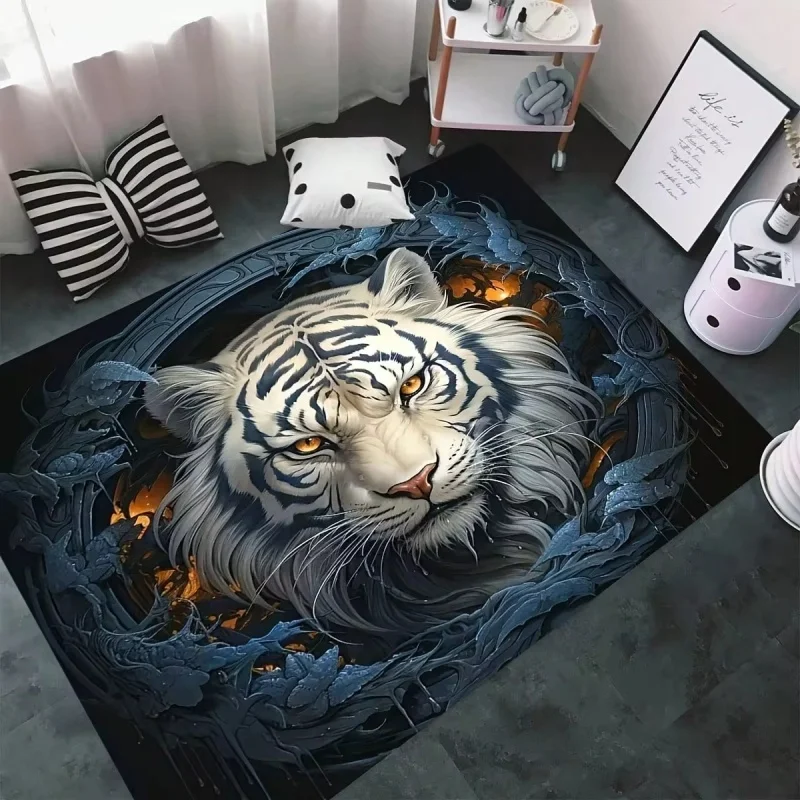 2D White Tiger Blue Ornate Frame Print Large Area Rug Soft Flannel Non Slip Floor Carpet for Living Room Fantasy Animal Theme