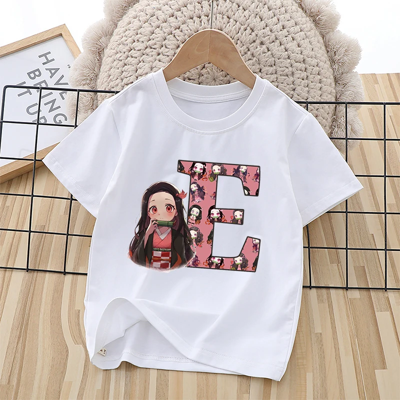 Demon Slayer Nezuko Girls T Shirt Letter ABC Children Cotton Clothes Tops Summer Short Sleeve Cartoon Anime Kids Birthday Gifts