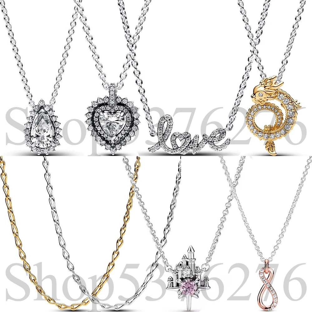 

925 Sterling Silver Dragon Infinity Castle Love Pear Heart Halo Fashion Collier Necklace Fit Women Bead Charm Gift DIY Jewelry