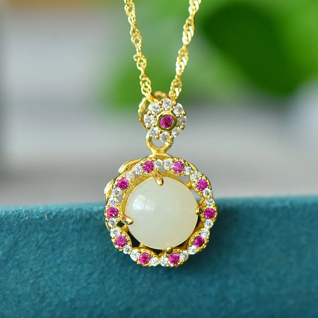 

Natural White Jade Necklace Women Fine Jewelry Genuine Hetian Jades Nephrite Round Pendant Colorful Zircon Jadeite Necklaces