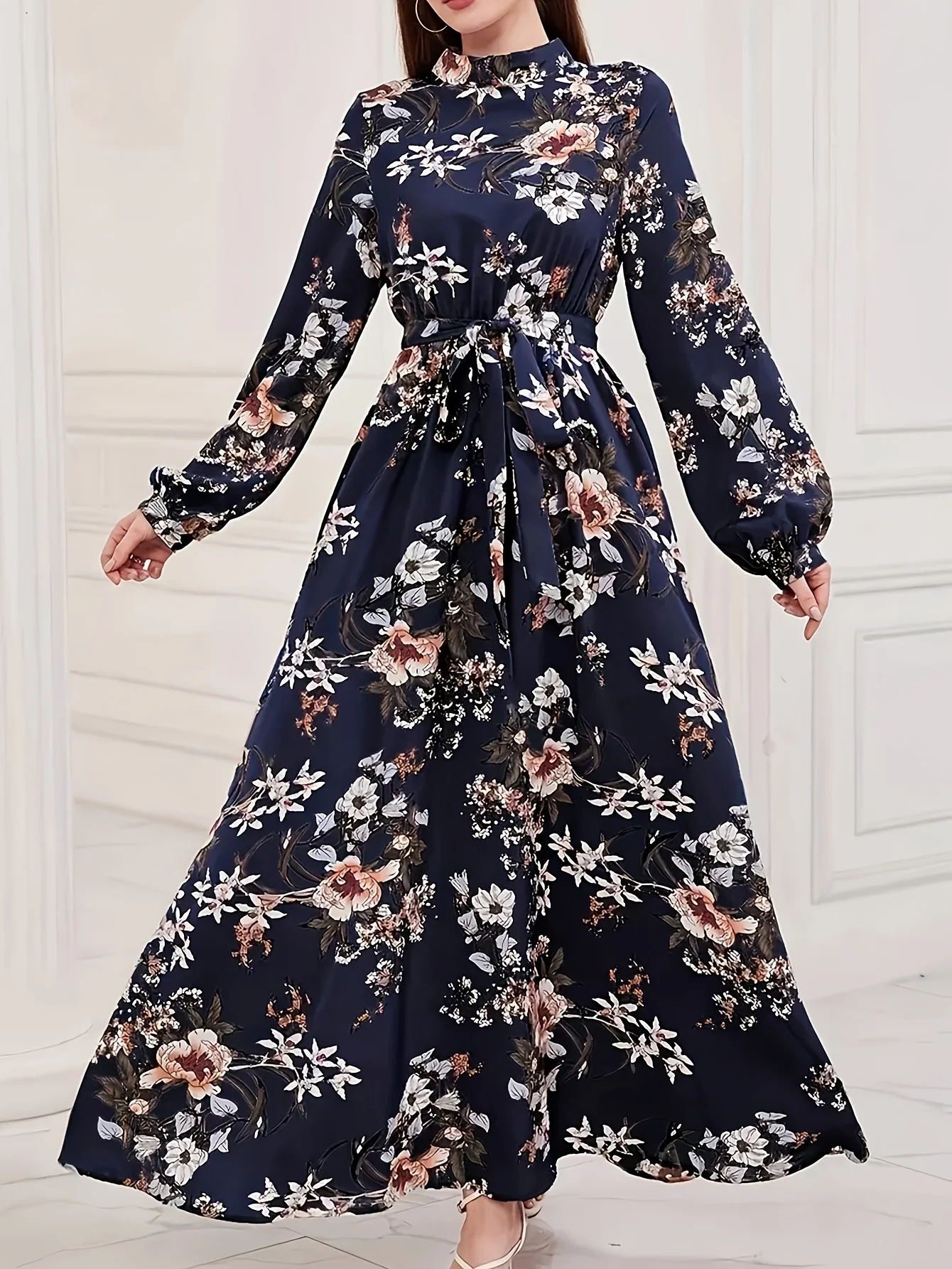 Ramadan Damen Elegantes Kleid mit Blumenmuster, Taillenbund, Imitationskragen, Langen Ärmeln, Schnürung und Gürtel, Loses Kleid mit Langem Rock