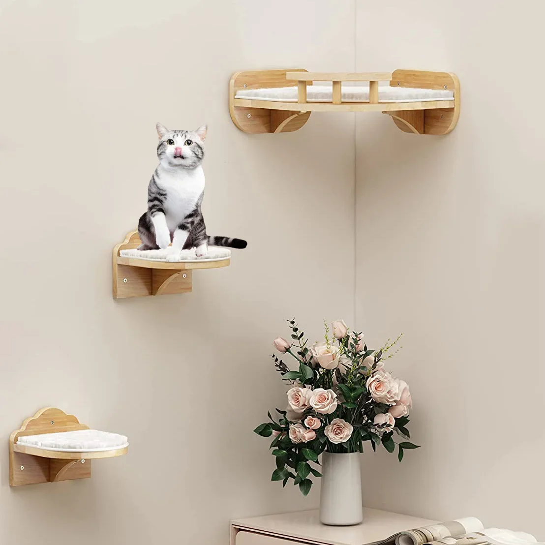 Kattenbed Drijvende planken Wandgemonteerde meubelplank Houten kattenhangmat voor muurhangmat Klimplanken