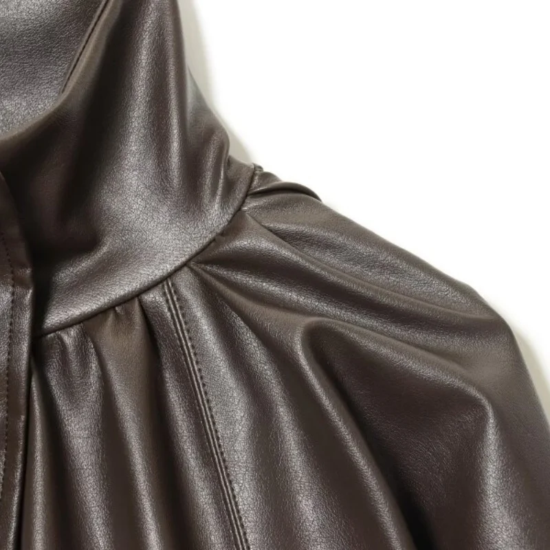 كول سيدة فو سترة جلدية معطف أزياء موتو نمط الشارع الشهير الرجعية طويلة الأكمام ملابس خارجية سستة معطف بسيط قمم الشتاء #5