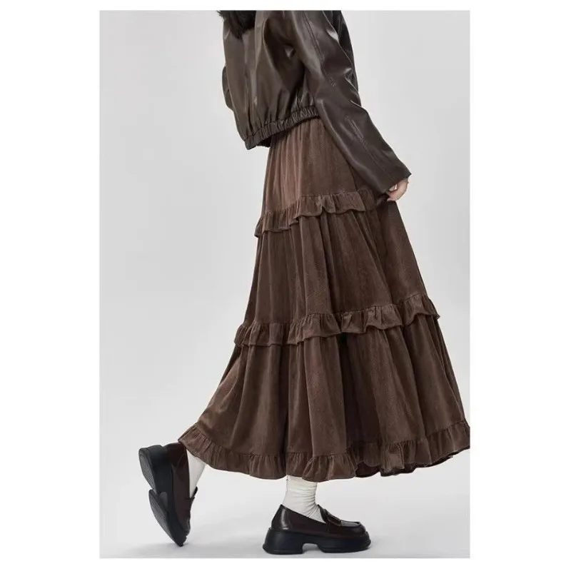 Nieuwe herfst- en winterstijl A-lijn middellange getextureerde fluwelen taartrok met hoge taille voor dames