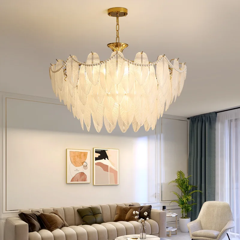 

French style living room chandelier, cream wind feather glass, retro pearl decorative lighting fixtures, simple modern bedroom l