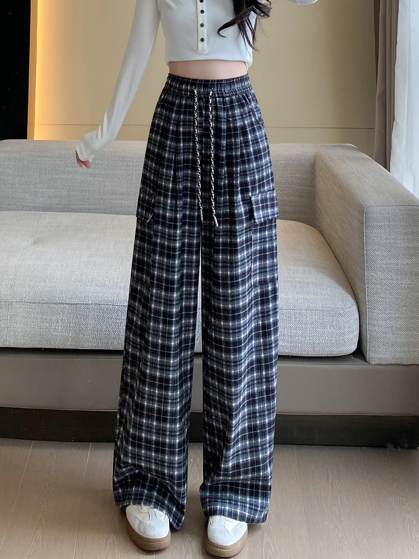 

Spring New High Waist Plaid Narrow Wide Leg Pants Women's Elastic Waist Casual Pants Loose Straight Floor-Length Trousers