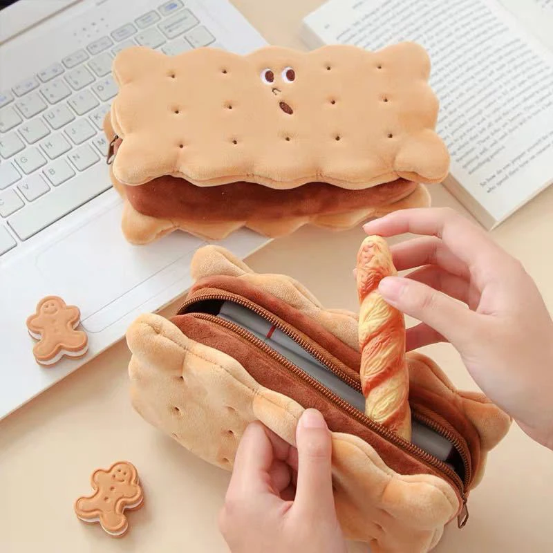 Kawaii Animals Cosmetic Bag Cartoon Cookie Sandwich Soft Plush Pencil Case Bag Coin Purse Kids Birthday Gift School Stationery