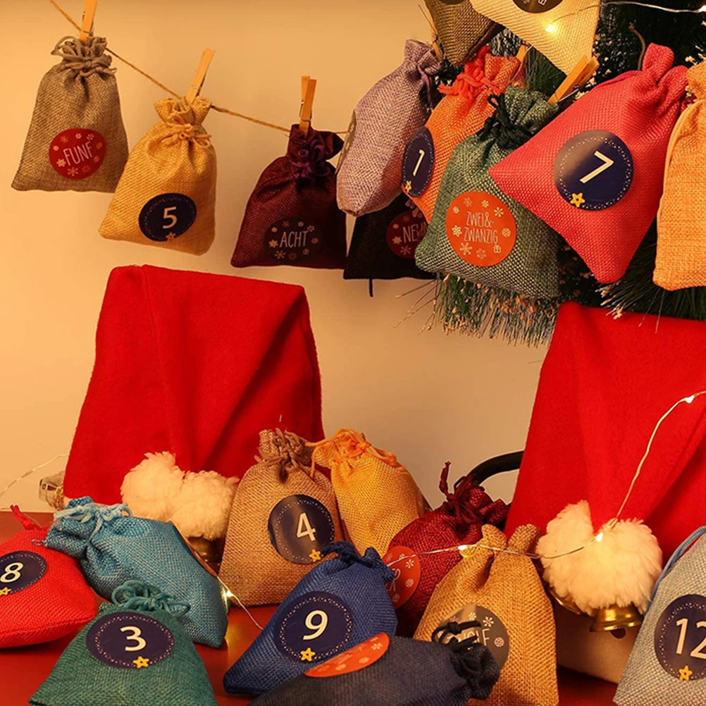 

1 Set Christmas Advent Calendar Pouch 24 Days Hanging Drawstring Candy Gift Bags For Christmas Tree Wall Decor Party Supplies