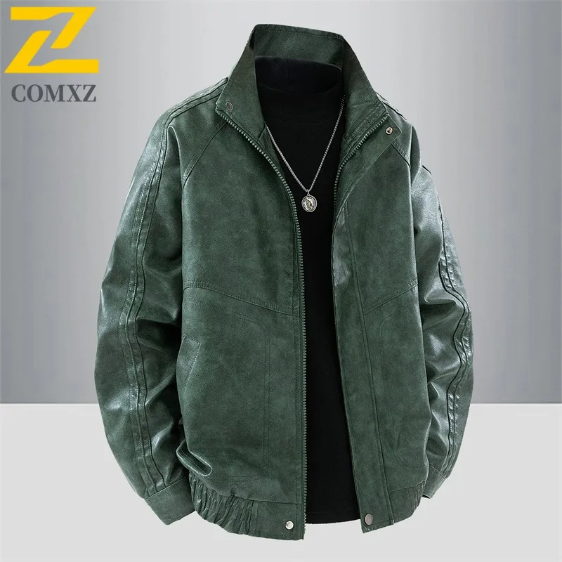سترة جلدية للرجال COMXZ 2025 على الطراز الأمريكي سترة مريحة للدراجات النارية لركوب الدراجات في الهواء الطلق مقاومة للرياح ملابس خريفية خفيفة الوزن #5