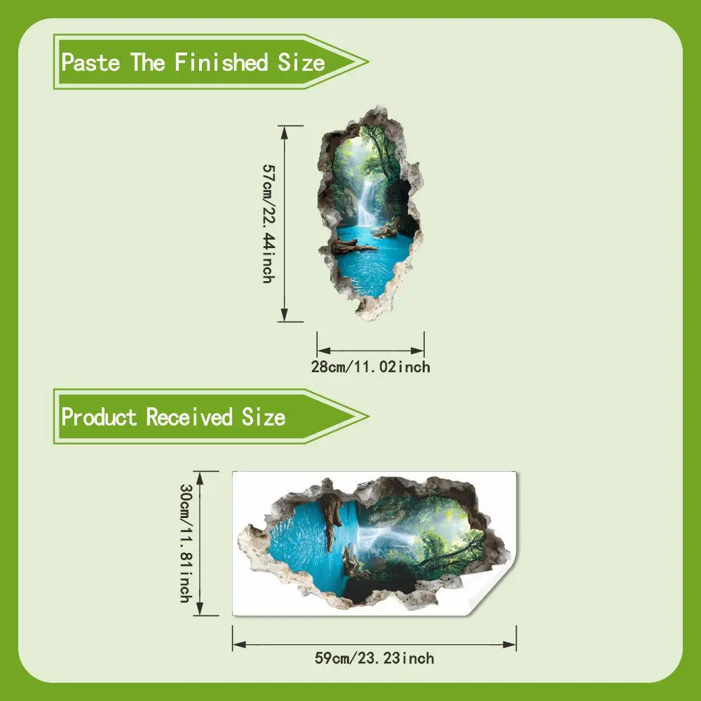 3D Creative Hole Valley Waterfall Scenic Wall Stickers Waterproof Broken Wall Stickers Removable for Bedroom Bathroom